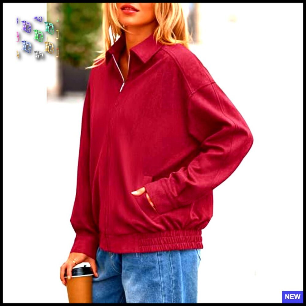 Faux Suede Bomber Jacket Oversized Zip Up Casual Chic Winter Outerwear - Picture 5 of 7